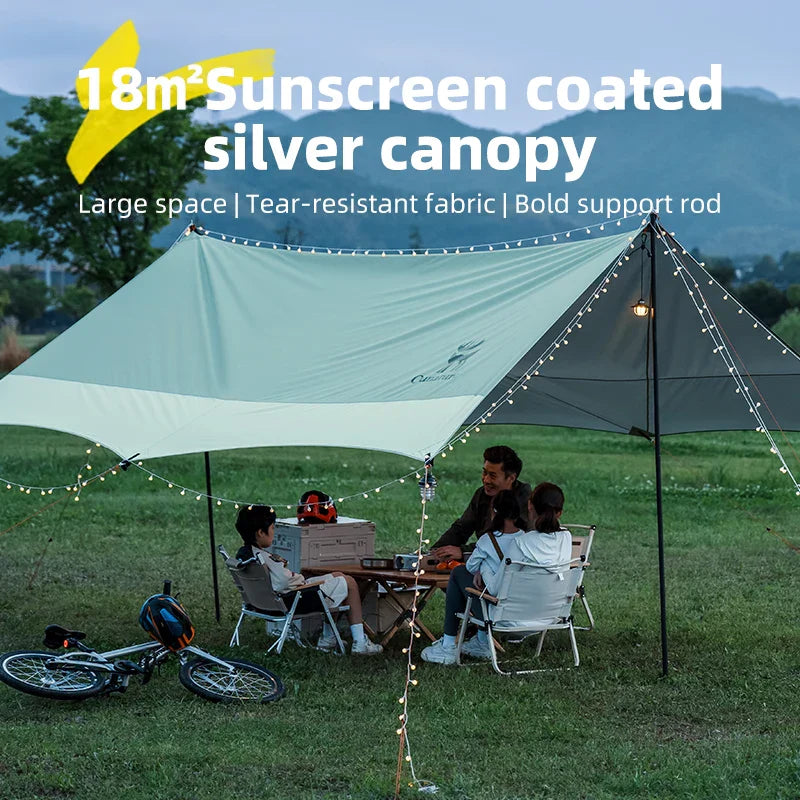 18m¡± Sunscreen coated silver canopy with people sitting under it in a grassy area.