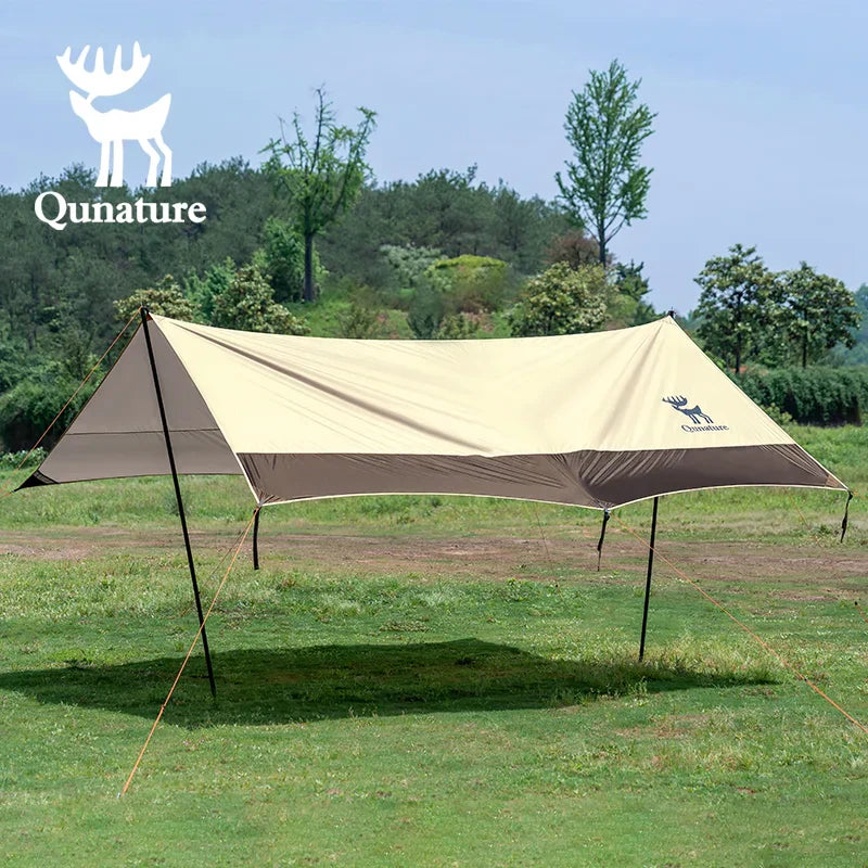 A beige and brown 3-in-1 waterproof canopy floor mat set up outdoors, designed for sun and rain protection.#color_Khaki