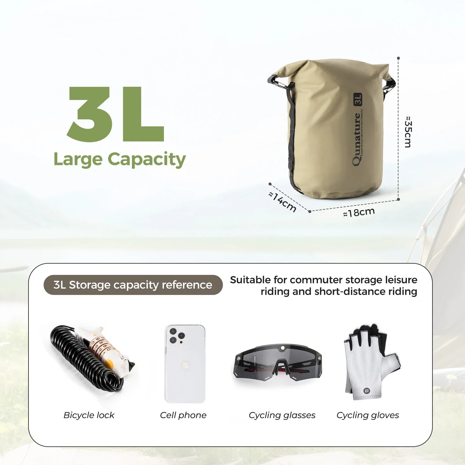 Beige backpack with dimensions and capacity details on a light green background