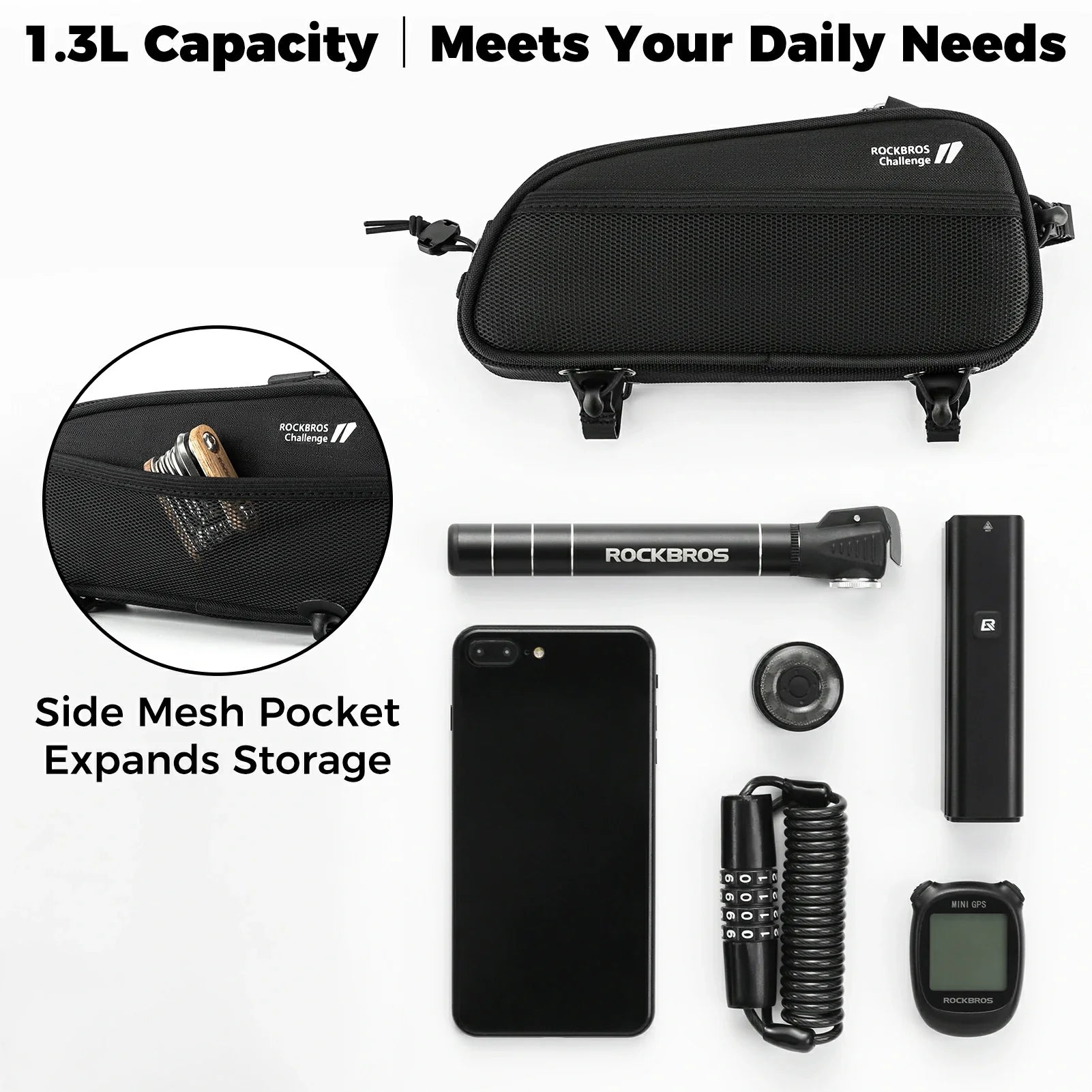 1.3L Slim Bike Top Tube Bag | Waterproof Frame Bag with Cable Port