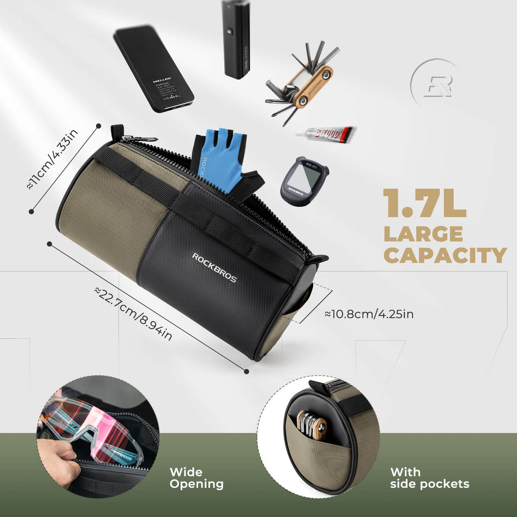 ROCKBROS 1.7L bicycle handlebar bag with detachable shoulder strap, ideal for daily rides and quick-access storage on the go.