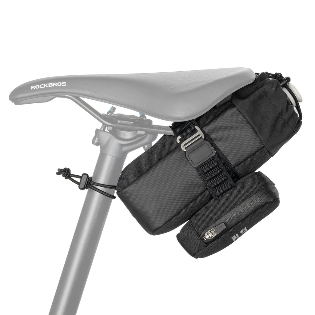 rockbros 2-in-1 black saddle bag with built-in bottle cage, 1.5 l waterproof pu shell and reflective trim
