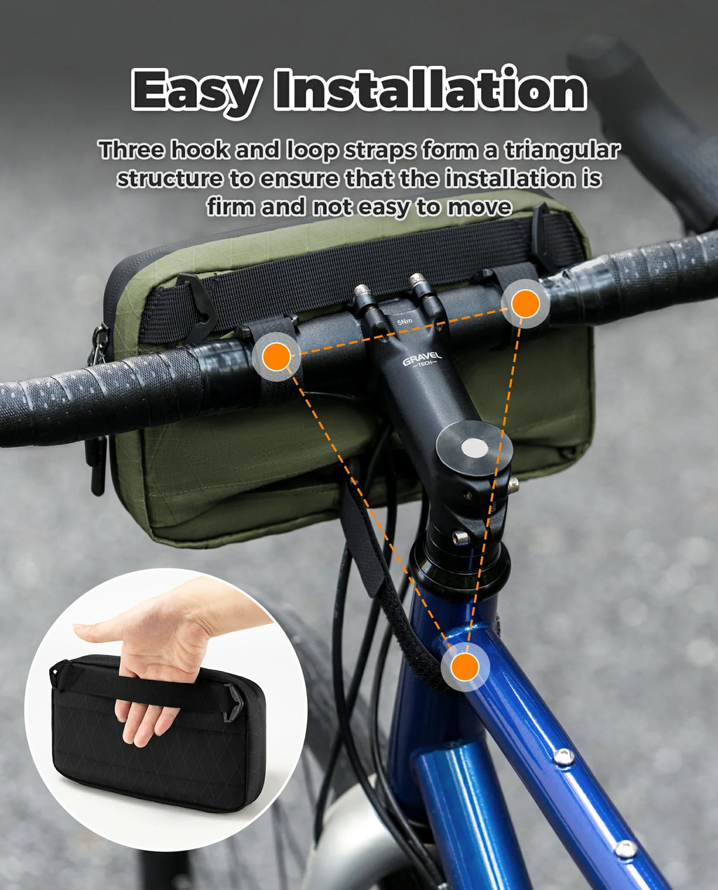 ROCKBROS bike handlebar bag, versatile crossbody bag, 2.1L capacity, durable and practical for cycling. 