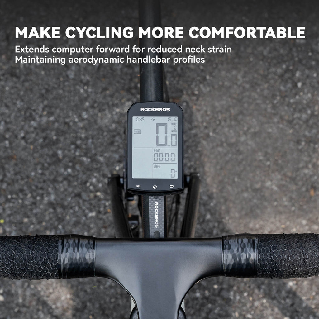rockbros black nylon handlebar mount holding a cycling computer and front light on a road bike