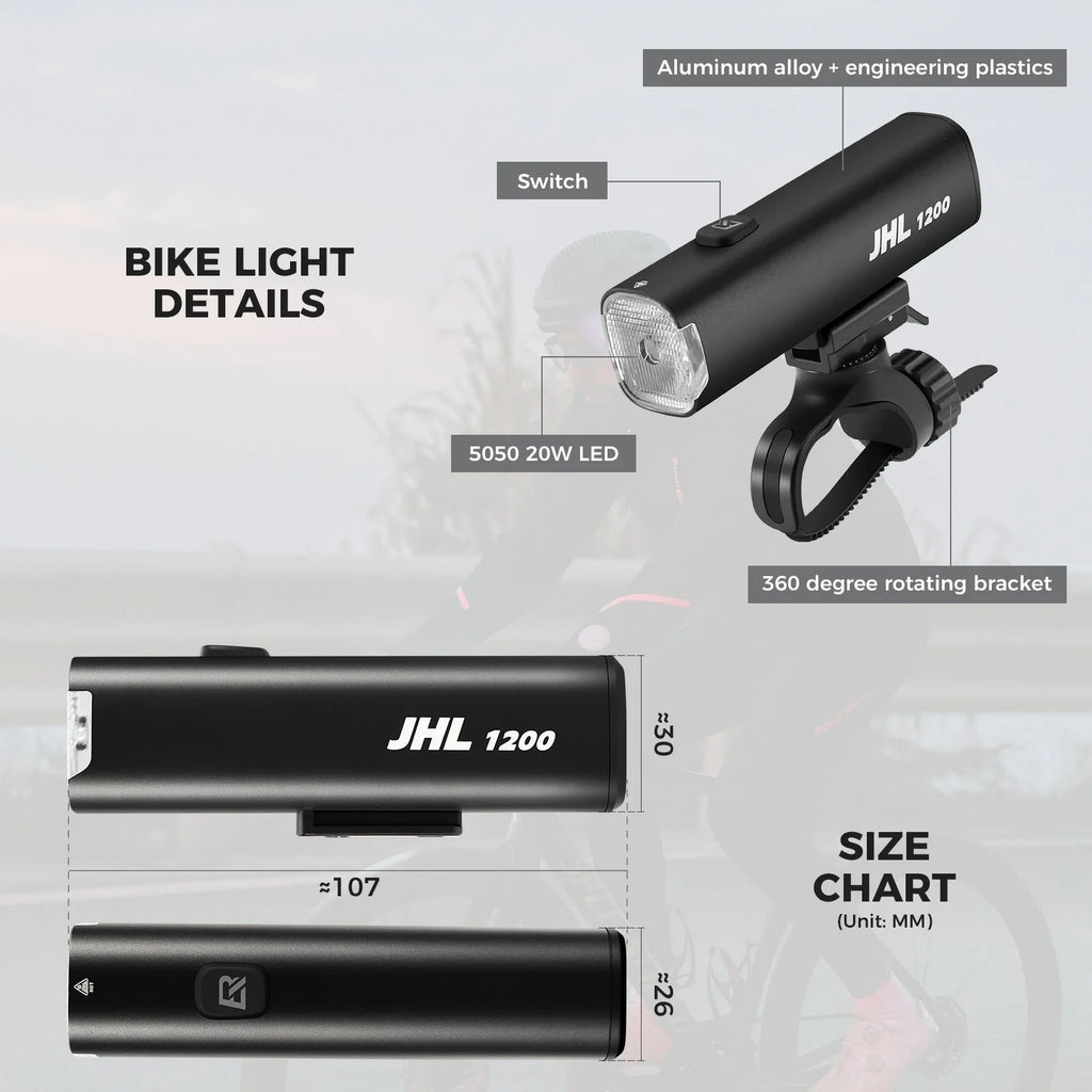 rockbros bike headlight 1200lm 5000mah type-c rechargeable front light for cycling