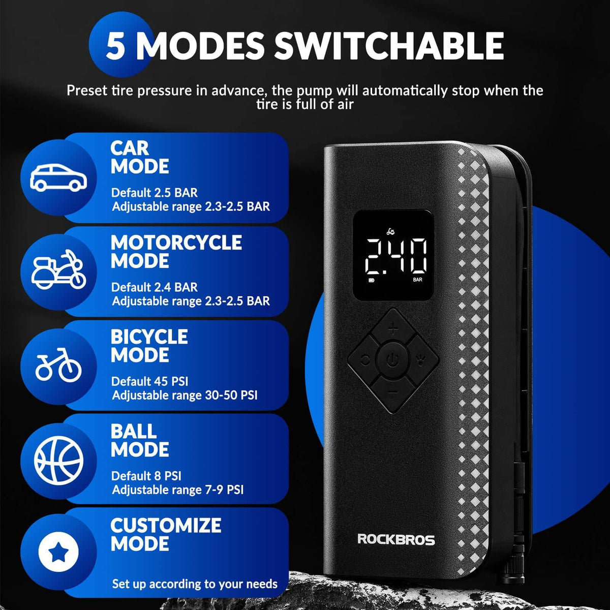 ROCKBROS Bomba de aire eléctrica mini para bicicleta 7-150PSI 2000mAh 5 Modos - ROCKBROS-EU