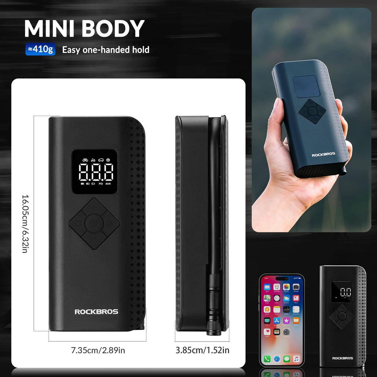 ROCKBROS Bomba de aire eléctrica mini para bicicleta 7-150PSI 2000mAh 5 Modos - ROCKBROS-EU