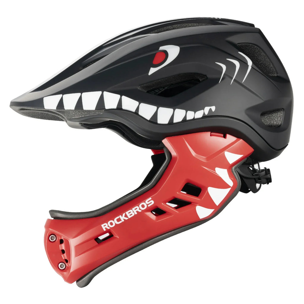 Black and red rockbros kids full face helmet with removable chin guard for cycling and adventure#Color_Black Red