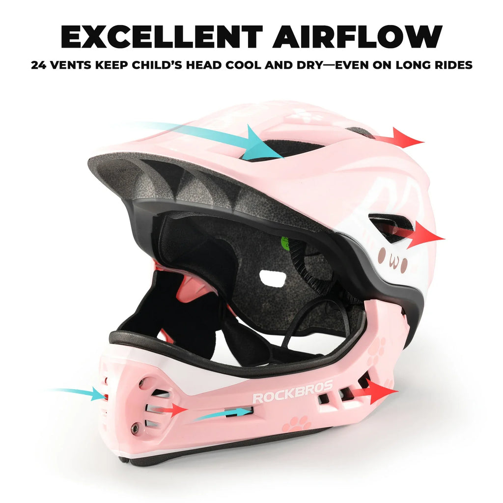 Pink rockbros kids full face helmet with detachable chin guard for safe cycling and outdoor sports#Color_Pink