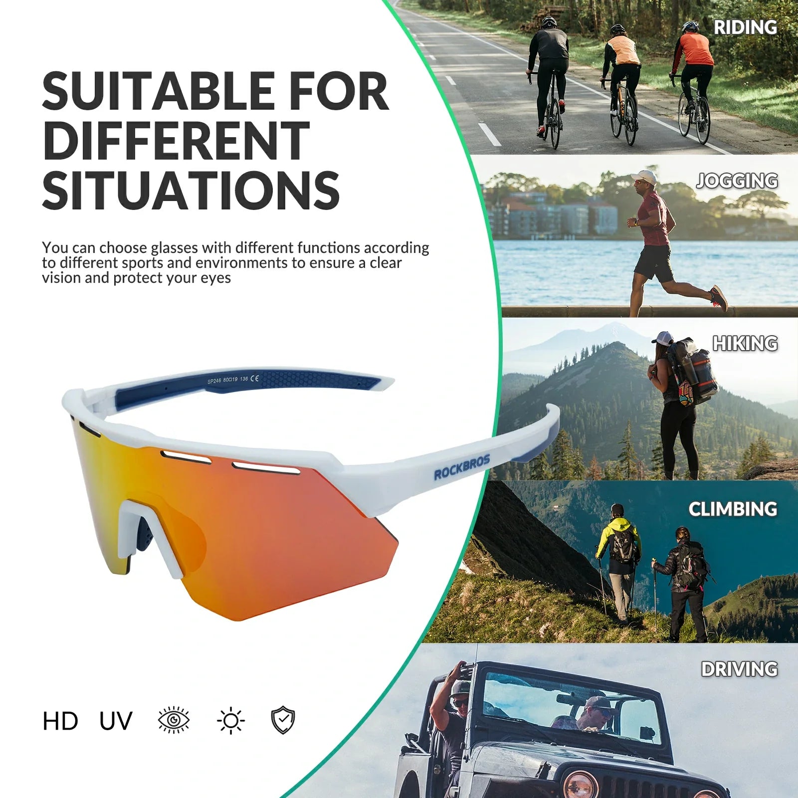ROCKBROS Polarized Cycling Glasses with 4 Interchangeable Lenses #Color_White