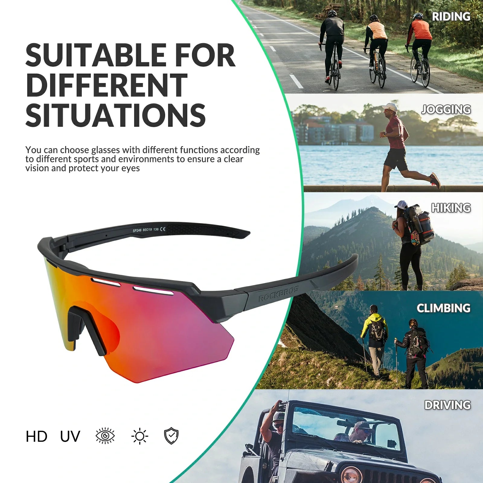 ROCKBROS Polarized Cycling Glasses with 4 Interchangeable Lenses #Color_Black