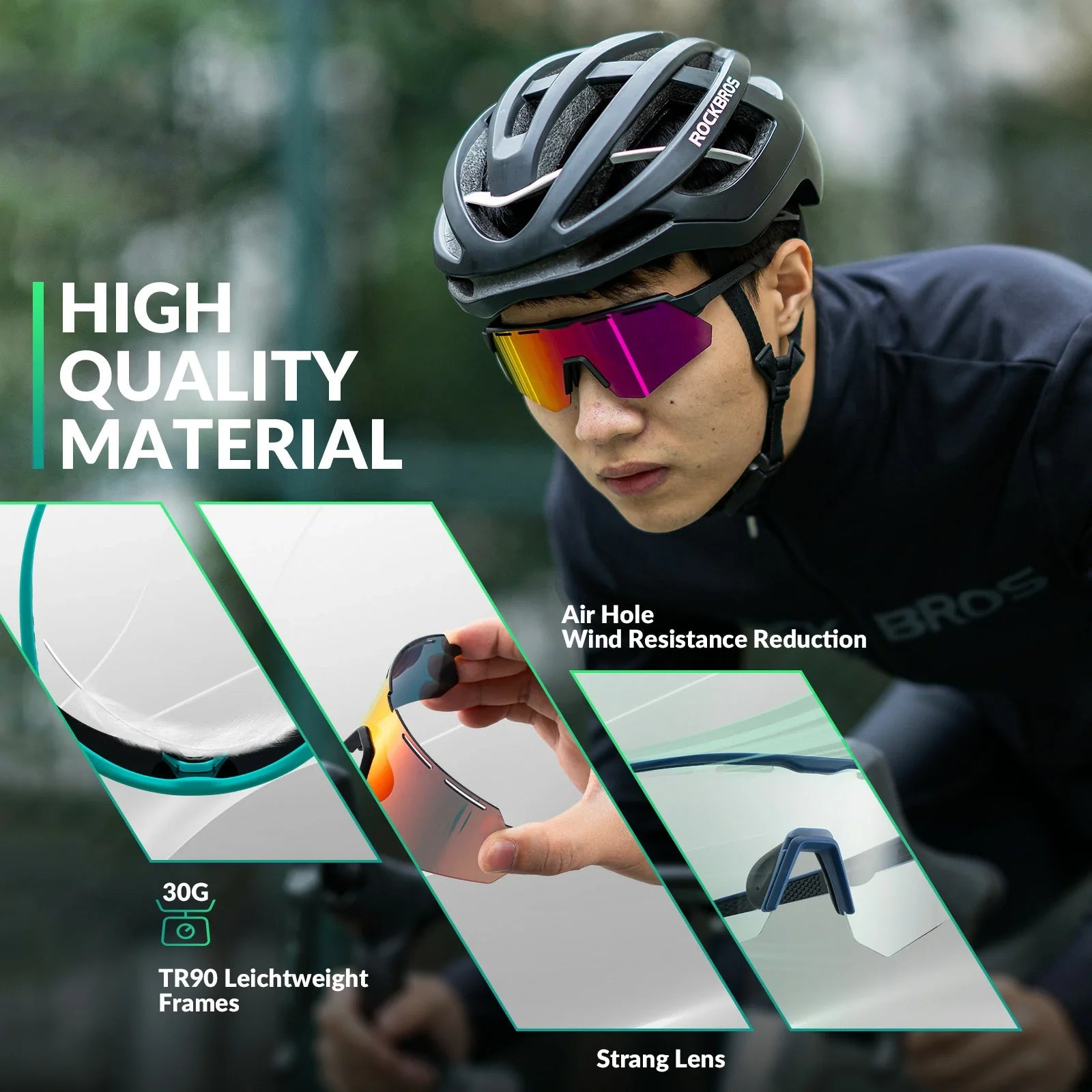 ROCKBROS Polarized Cycling Glasses with 4 Interchangeable Lenses #Color_Green