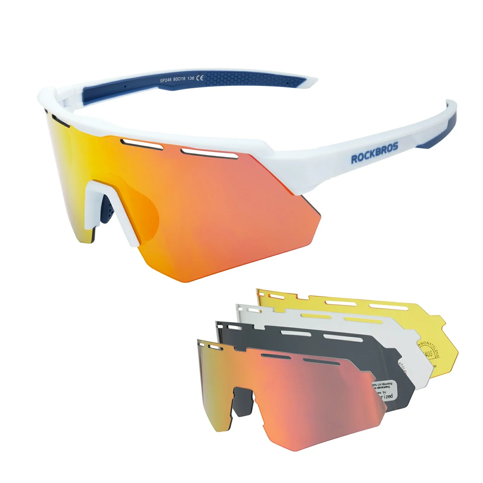 ROCKBROS Polarized Cycling Glasses with 4 Interchangeable Lenses #Color_White