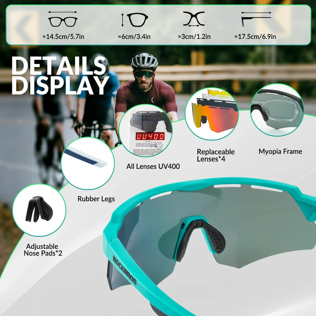 ROCKBROS Polarized Cycling Glasses with 4 Interchangeable Lenses #Color_Green