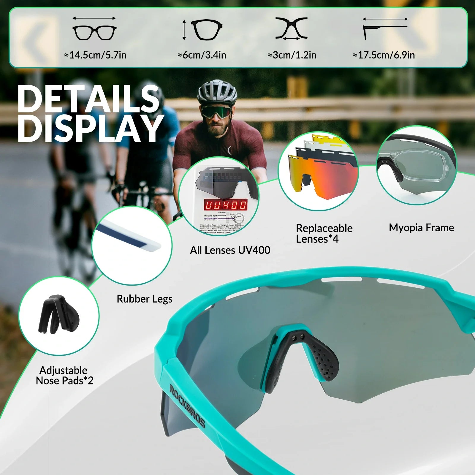 ROCKBROS Polarized Cycling Glasses with 4 Interchangeable Lenses #Color_Green