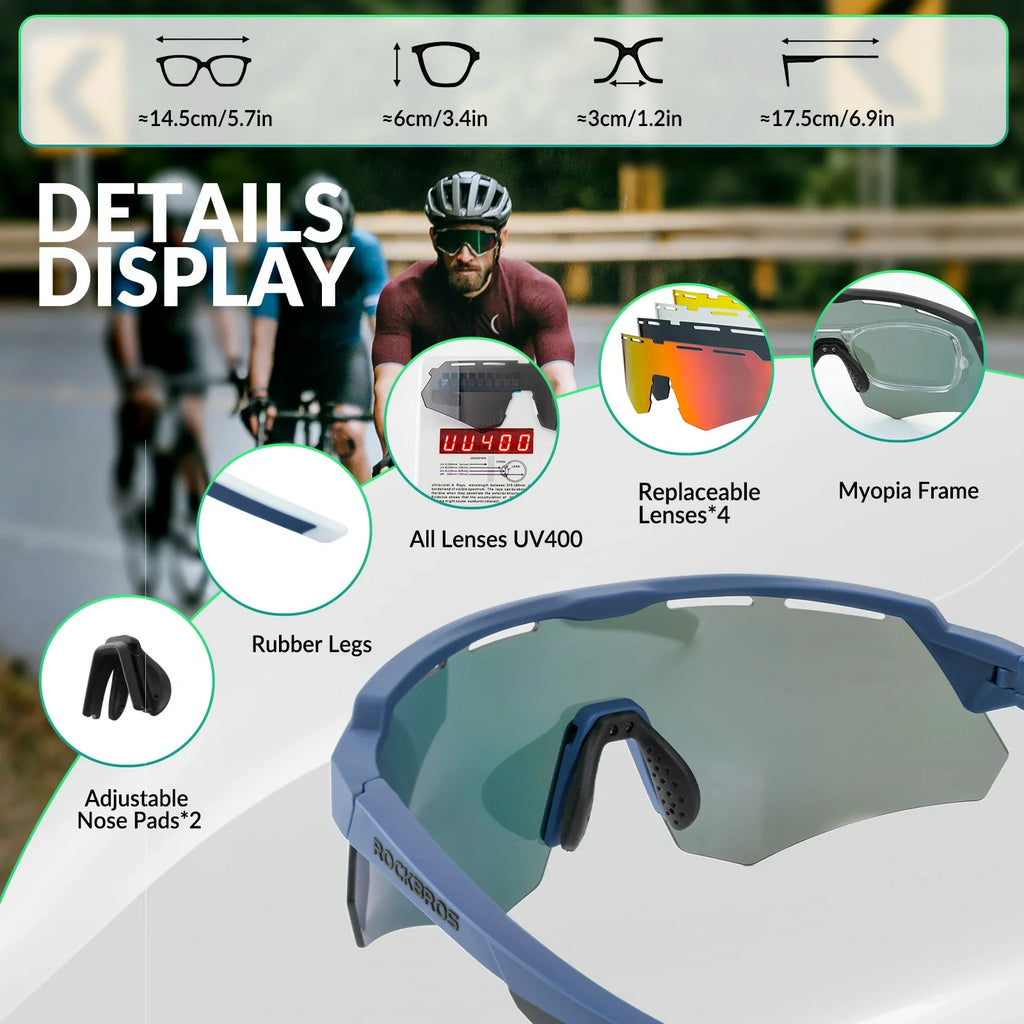 ROCKBROS Polarized Cycling Glasses with 4 Interchangeable Lenses #Color_Blue