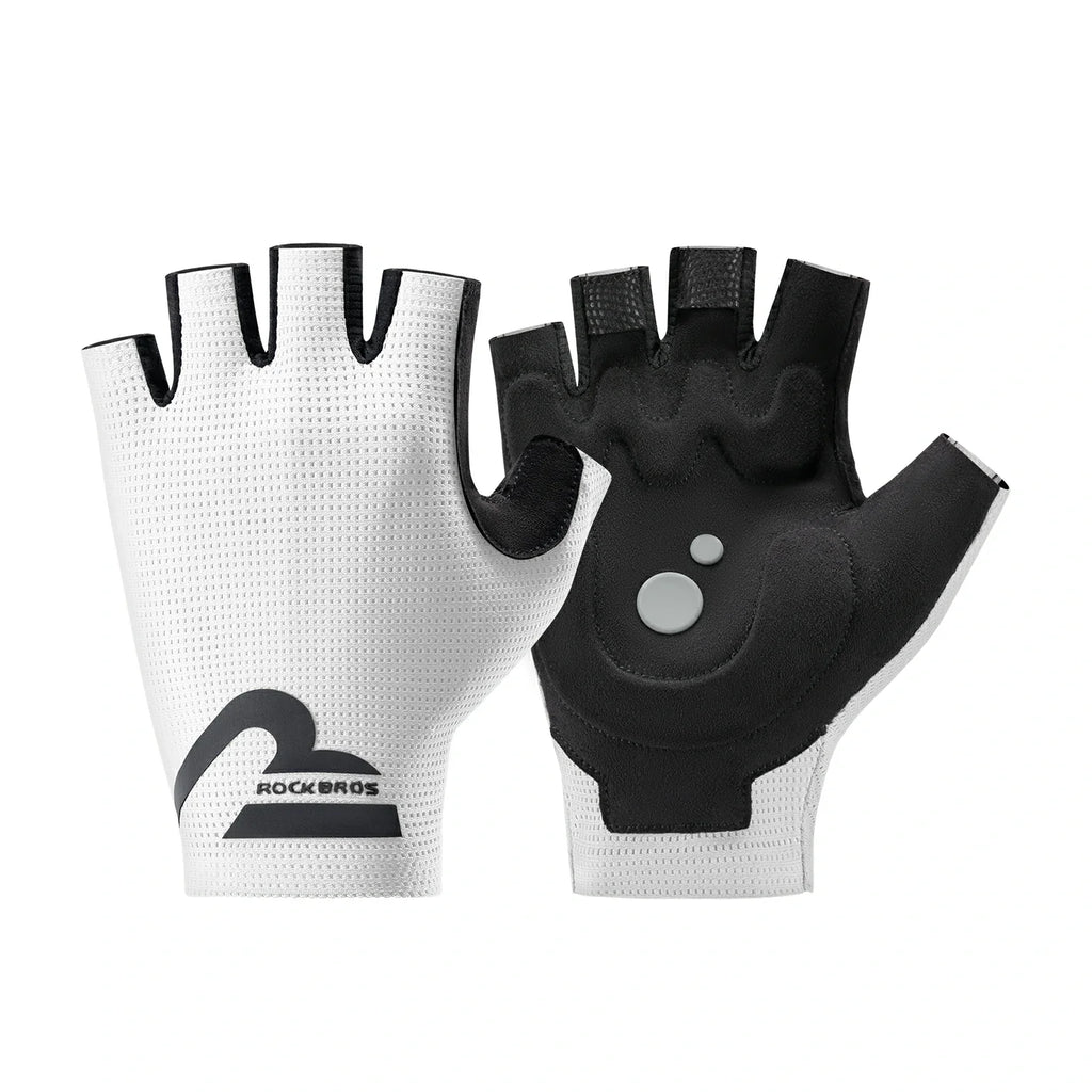 Pair of black and white gloves with 'RockBros' logo on a white background #color_white