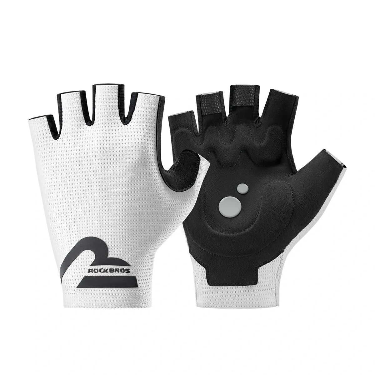 Pair of black and white gloves with 'RockBros' logo on a white background #color_white