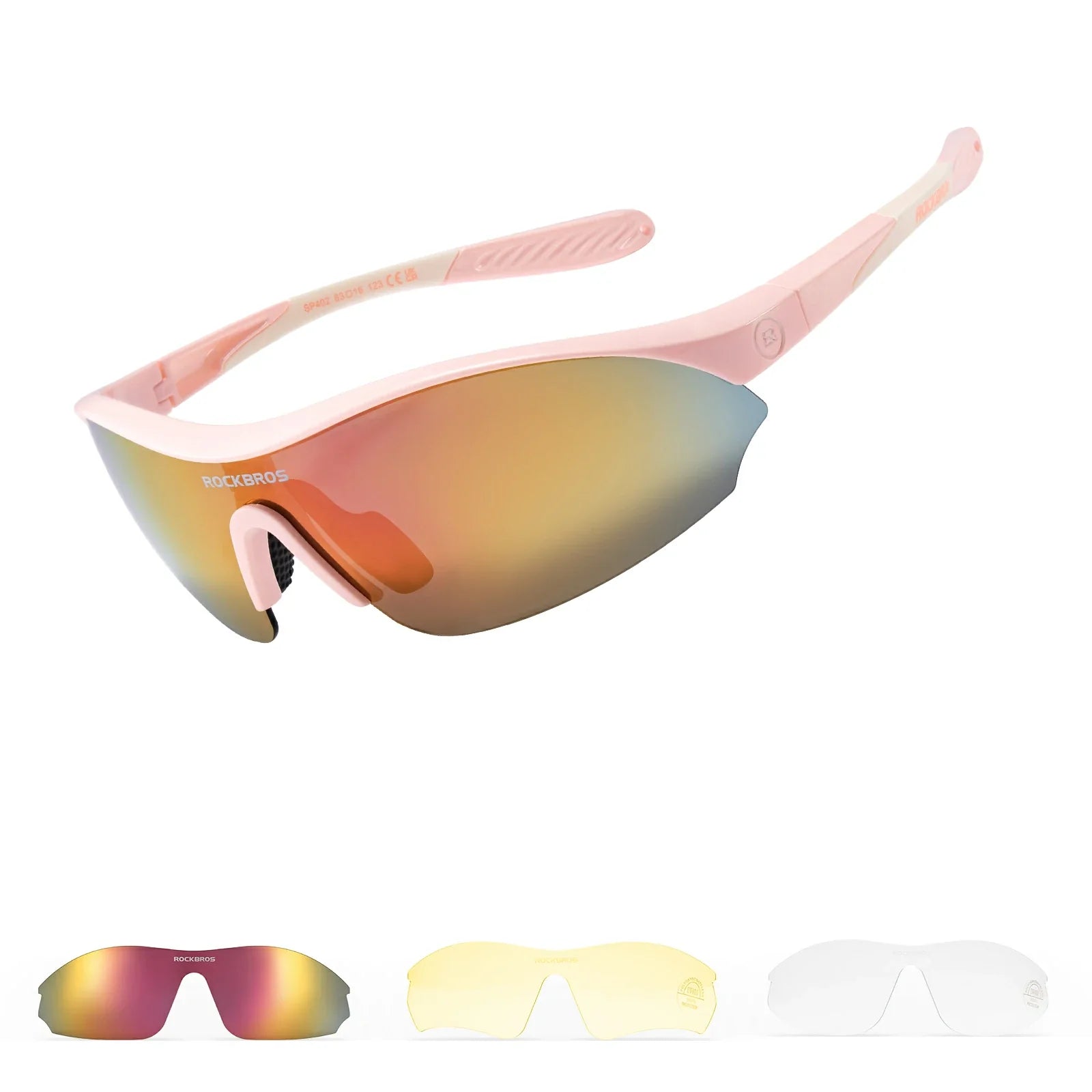Sports Cycling Sunglasses with 3 Interchangeable#Color_Pink