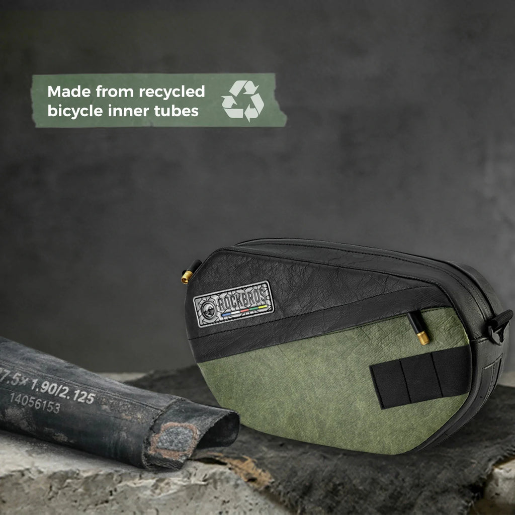 Sustainable eco-friendly recycled tire bike handlebar bag for cyclists