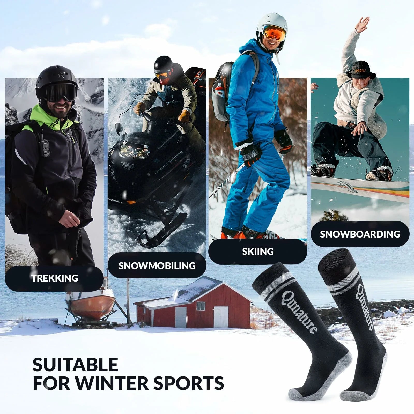 black thermal ski socks warm thick knee high winter snow socks#Color_Black