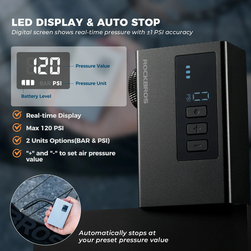 tiny electric bike pump with pressure gauge max 120 psi