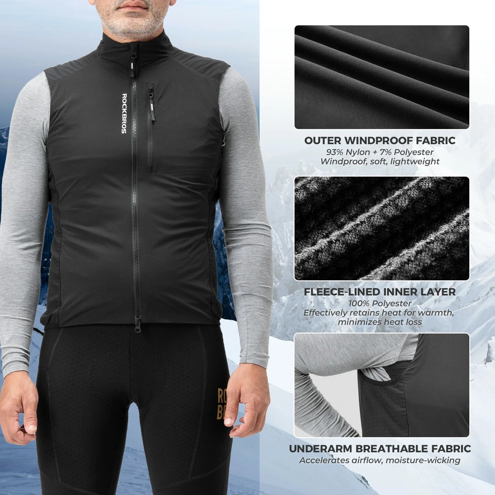 rockbros winter thermal cycling vest fleece lined windproof breathable bike gilet